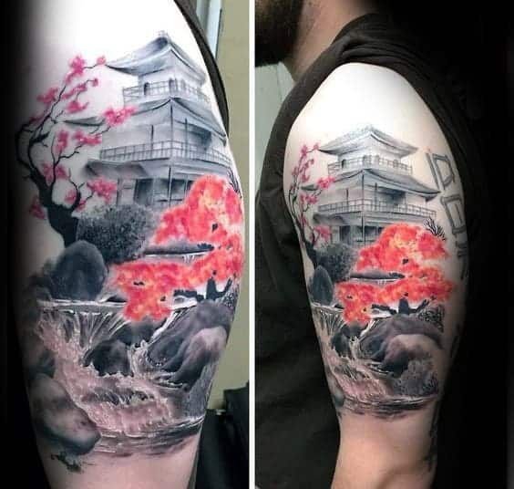 amazing-waterfall-cherry-blossom-japanese-mens-upper-arm-tattoo-with-realistic-design