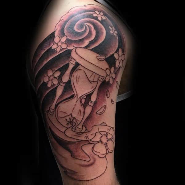 awesome-cherry-blossom-with-hourglass-in-wind-male-upper-arm-tattoo