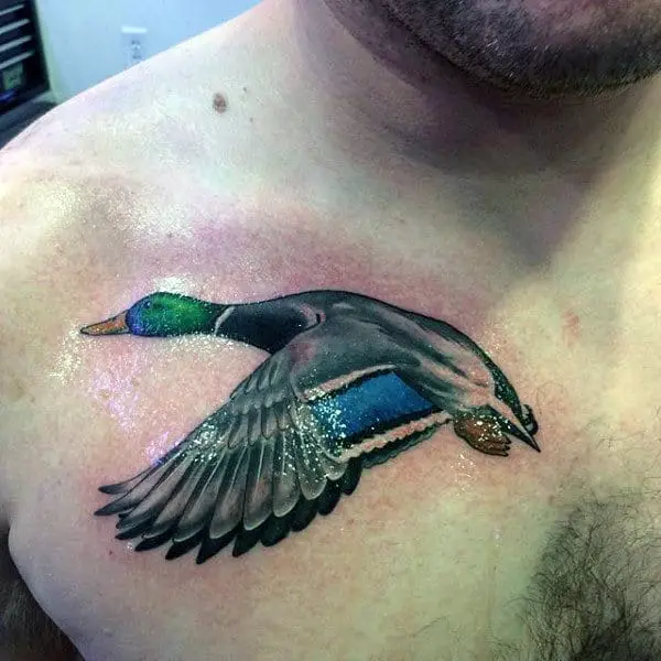 beautiful-fresh-shaded-flying-duck-tattoo-on-guys-chest