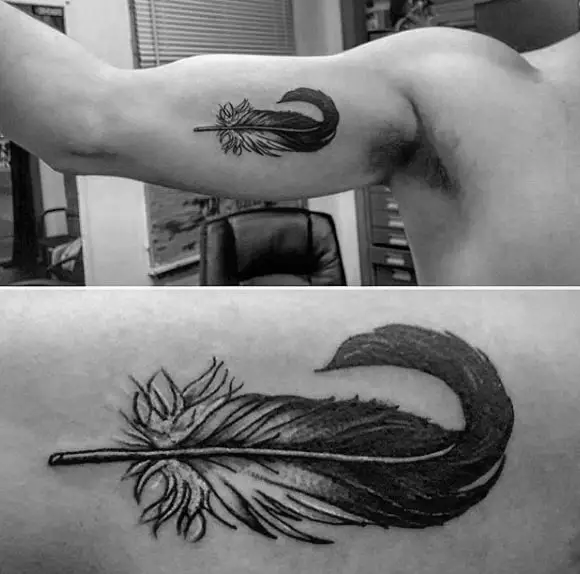 blackwork-shaded-black-and-white-feather-tattoo-on-mans-inner-bicep