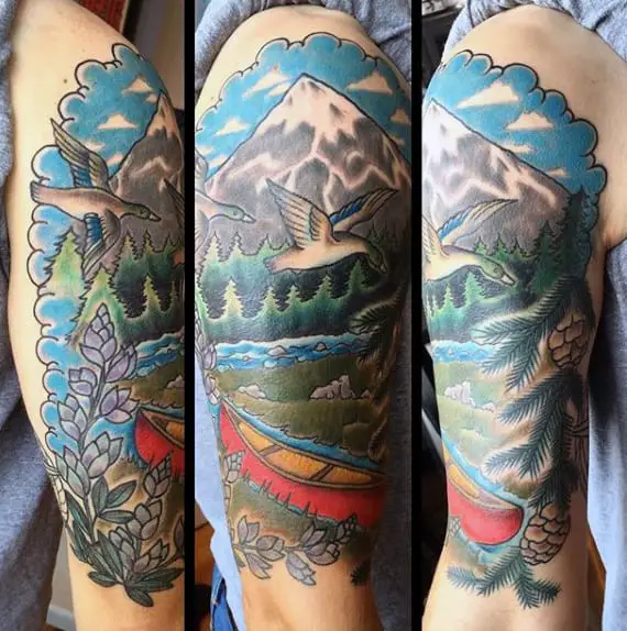 colorful-illustrative-american-traditional-tattoo-of-canoe-mountain-and-duck-on-mans-arm
