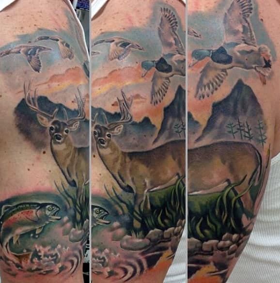 colorful-realistic-deer-duck-and-bird-nature-tattoo-on-guy