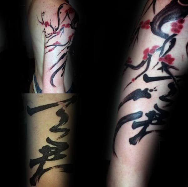 japanese-lettering-cherry-blossom-male-arm-tattoo-with-watercolor-design