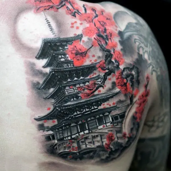 japanese-tower-cherry-blossom-mens-back-tattoo-with-shaded-grey-ink