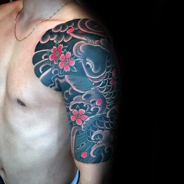 mens-cherry-blossom-half-sleeve-japanese-koi-fish-tattoos
