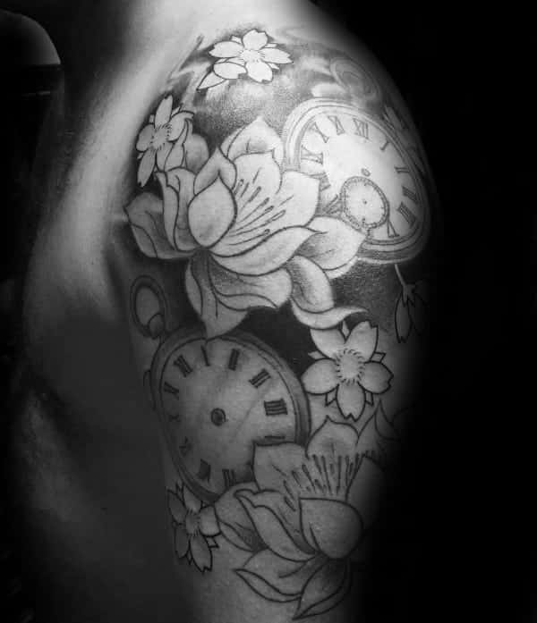 mens-pocket-watch-cherry-blossom-half-sleeve-tattoo-ideas