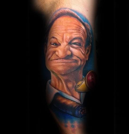 new-school-mens-portrait-grandpa-tattoo-on-leg