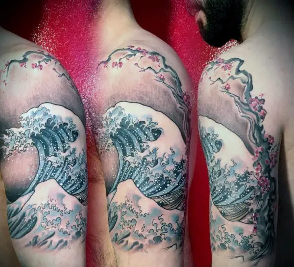 ocean-wave-cherry-blossom-tree-male-half-sleeve-tattoos