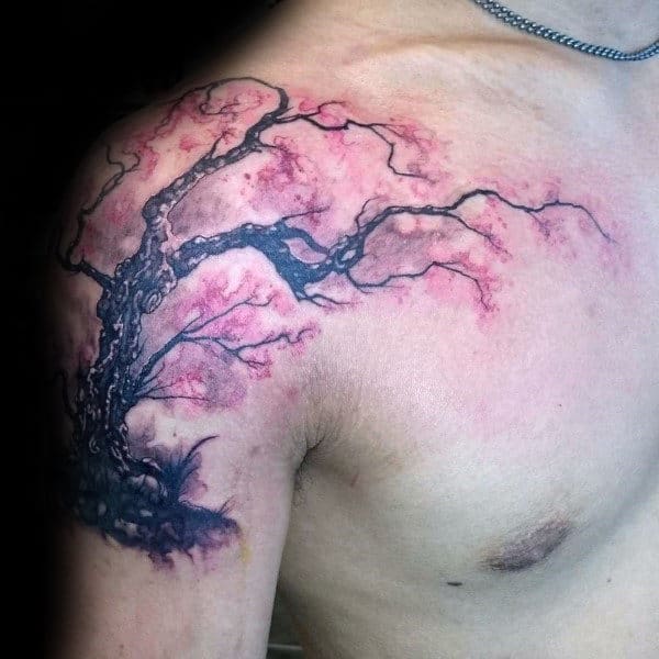 realistic-cherry-blossom-tree-male-shoulder-tattoo