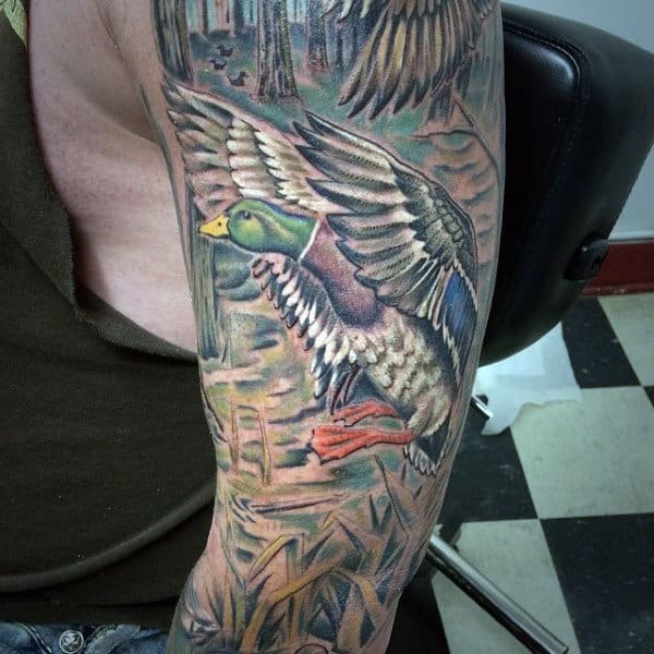 realistic-detailed-sleeve-of-ducks-with-lake-and-forest-on-man