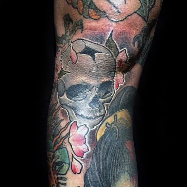 skull-cherry-blossom-guys-3d-tattoo-ideas-on-knee
