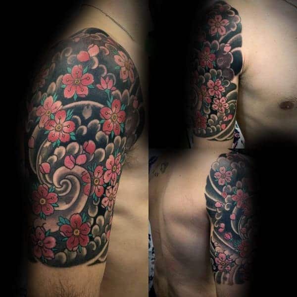 spiral-cherry-blossom-japanese-flower-male-half-sleeve-tattoo