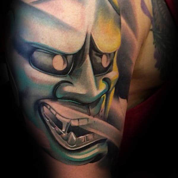 3d-hannya-mask-bicep-arm-tattoos-for-guys