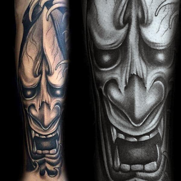 3d-mens-hannya-mask-sleeve-tattoo-on-inner-forearm