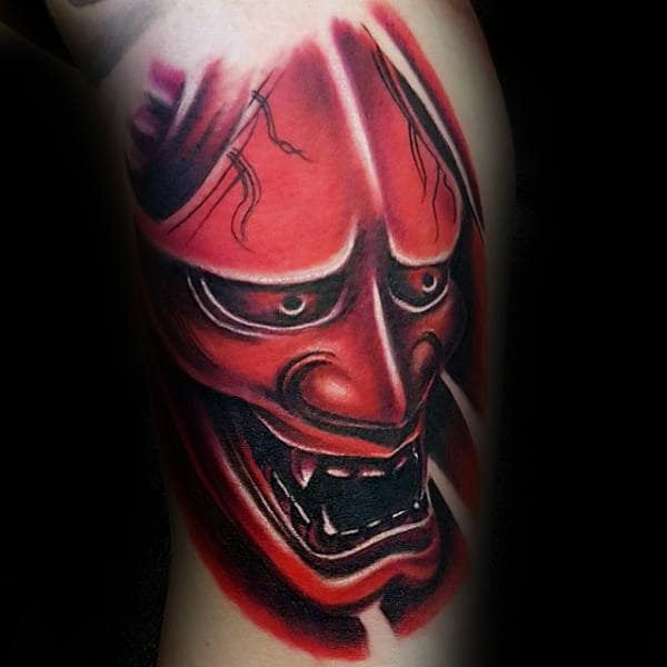 3d-mens-red-ink-hannya-mask-bicep-tattoos