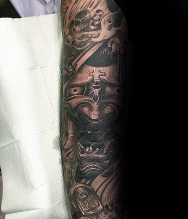 amazing-hannya-mask-3d-tattoo-sleeve-on-male