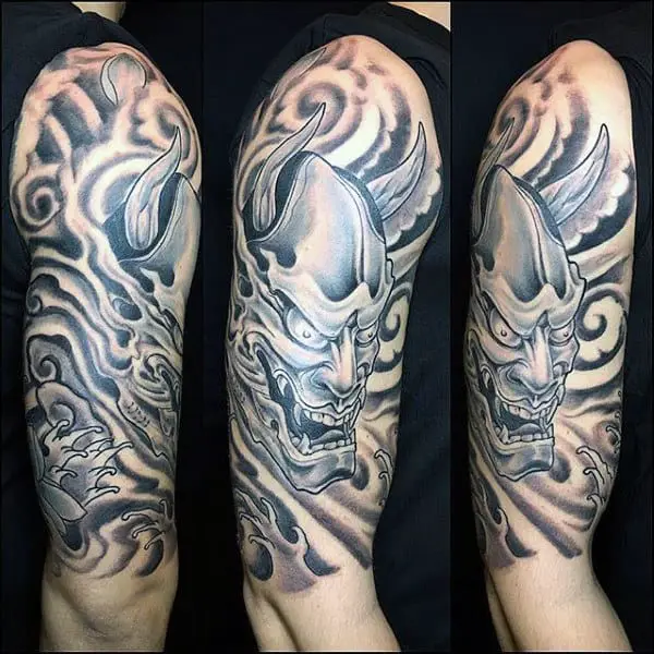 black-and-grey-guys-shaded-hannya-mask-half-sleeve-tattoos