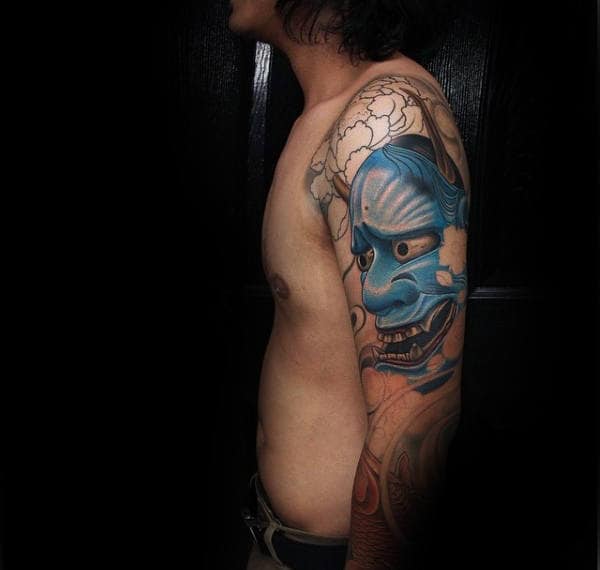 blue-ink-hannya-mask-male-sleeve-tattoo-design-ideas