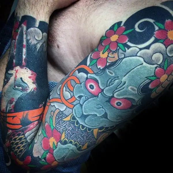 cool-metallic-eyes-guys-hannya-mask-sleeve-japanese-tattoo
