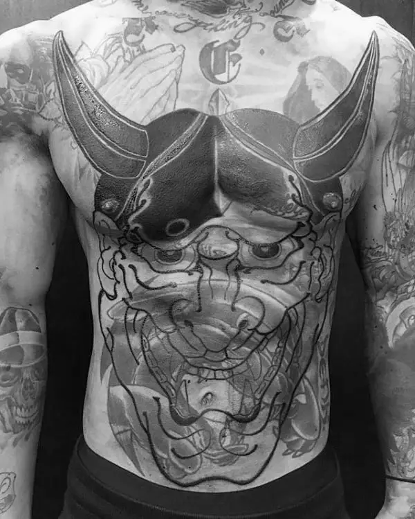 japanese mask tattoos chest