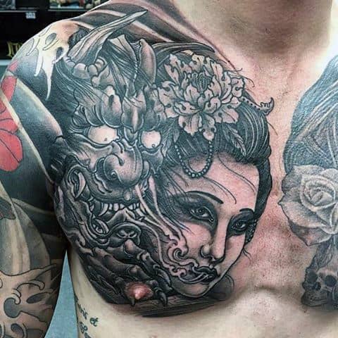 japanese mask tattoos chest