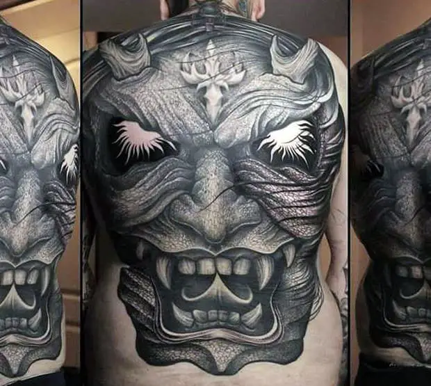 full-back-guys-shaded-black-and-grey-hannya-mask-tattoo
