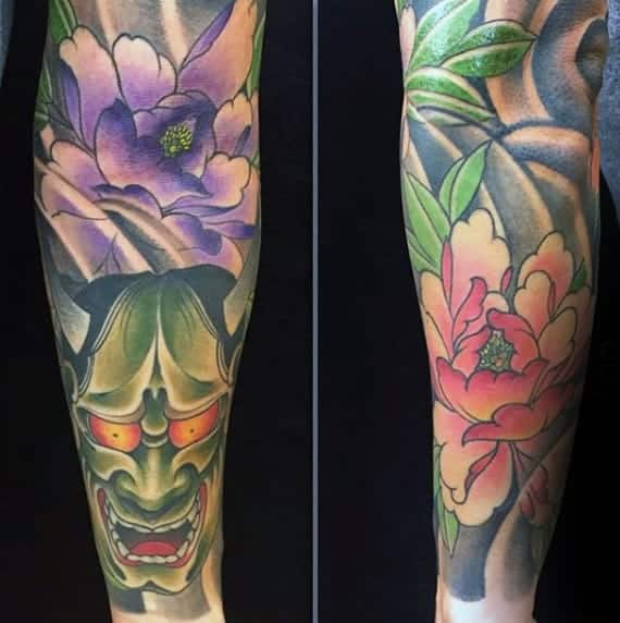 gentleman-with-japanese-hannya-mask-floral-sleeve-tattoo
