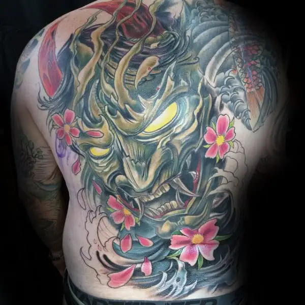 glowing-yellow-eyes-hannya-mask-guys-back-tattoos