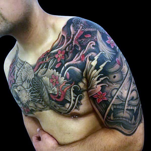 half-sleeve-and-chest-guys-hannya-mask-japanese-tattoos