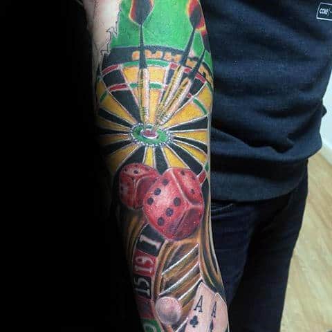 forearm-sleeve-dart-themed-guys-tattoos