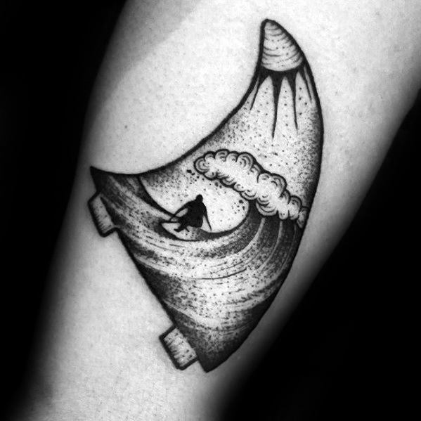 guys-surfing-shark-fin-arm-sports-tattoo