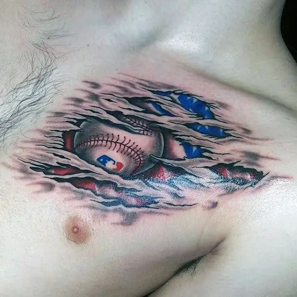 upper-chest-baseball-torn-skin-masculine-sports-tattoos-for-men