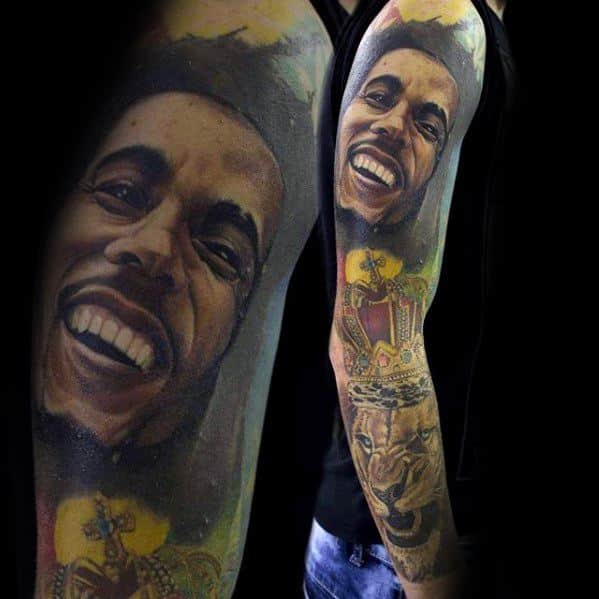 bob-marley-themed-full-arm-sleeve-tattoo-designs-for-guys