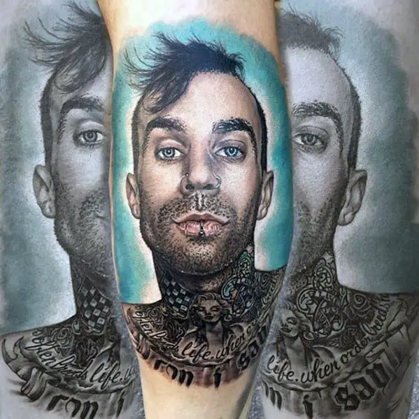 distinctive-male-blink-182-portrait-leg-tattoo-designs