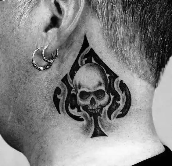 mens-neck-tattoo-with-tribal-ace-of-spades-skull-design