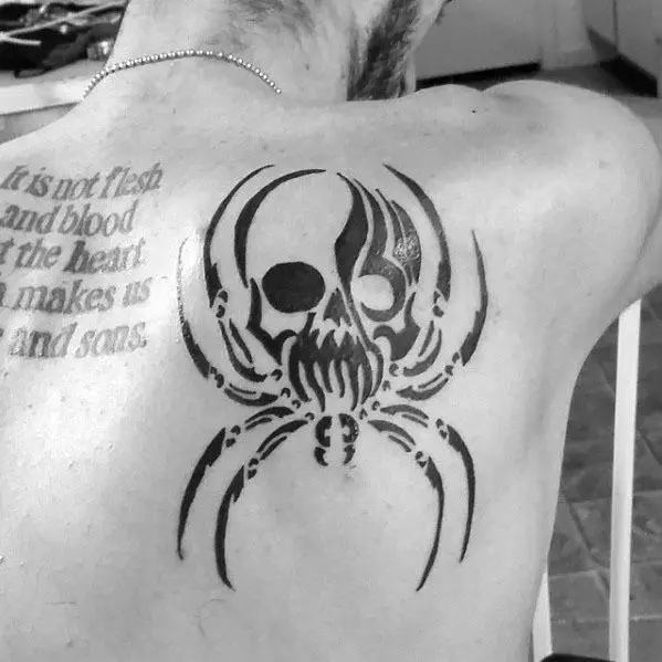 mens-shoulder-of-back-tattoo-ideas-with-tribal-spider-skull-design