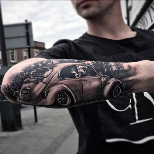 outer-forearm-3d-artistic-male-volkswagen-wv-tattoo-ideas