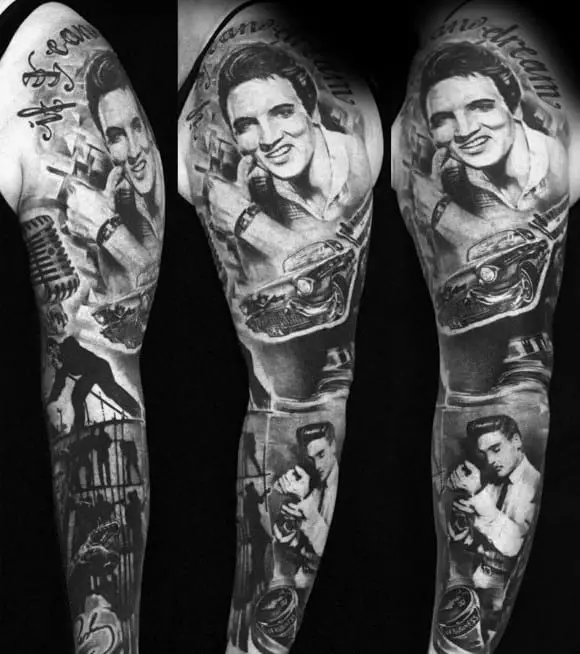 full-arm-sleeve-elvis-presley-themed-tattoo-ideas-on-guys