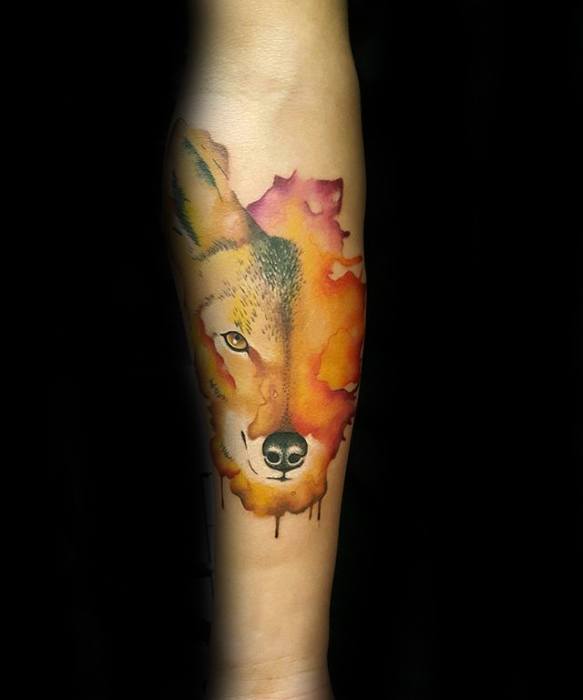 inner-forearm-watercolor-coyote-guys-tattoo-designs