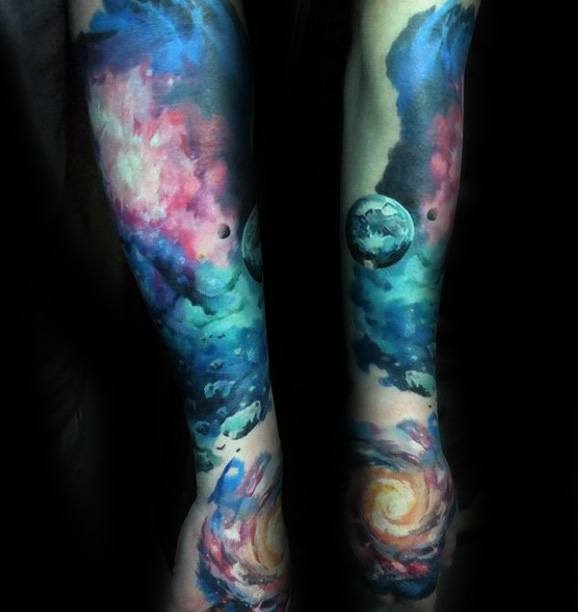 full-arm-watercolor-mens-tattoo-ideas-with-celestial-design