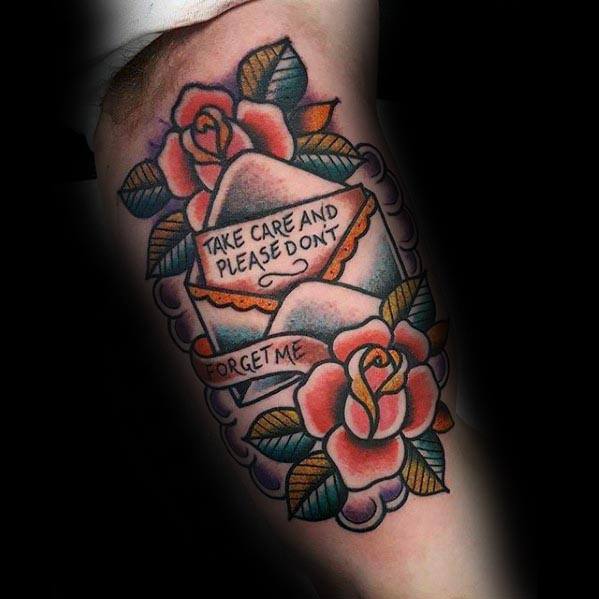 inner-arm-bicep-mens-cool-envelope-with-rose-flowers-and-letter-tattoo-ideas