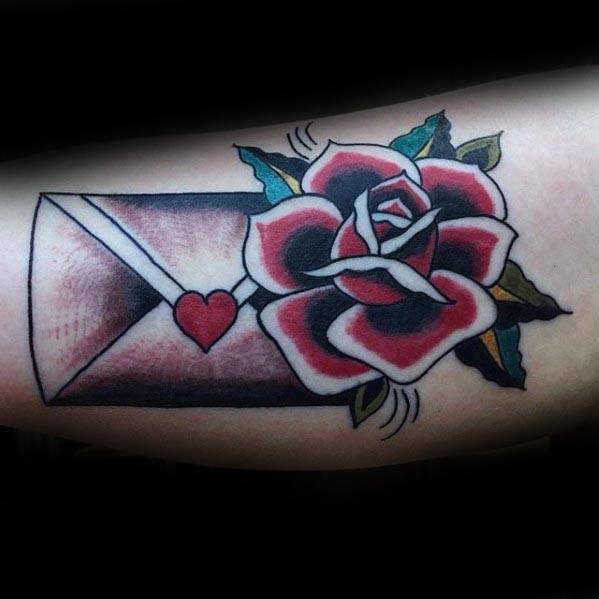 inner-arm-rose-flower-with-envelope-tattoo-ideas-for-gentleman-old-school-design