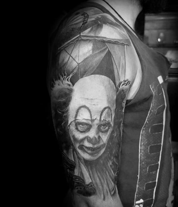 amazing-mens-circus-clown-shaded-black-and-grey-half-sleeve-tattoo-designs