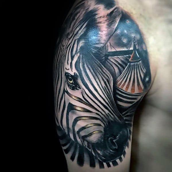 guy-with-zebra-stripes-circus-tent-quarter-sleeve-tattoo-design