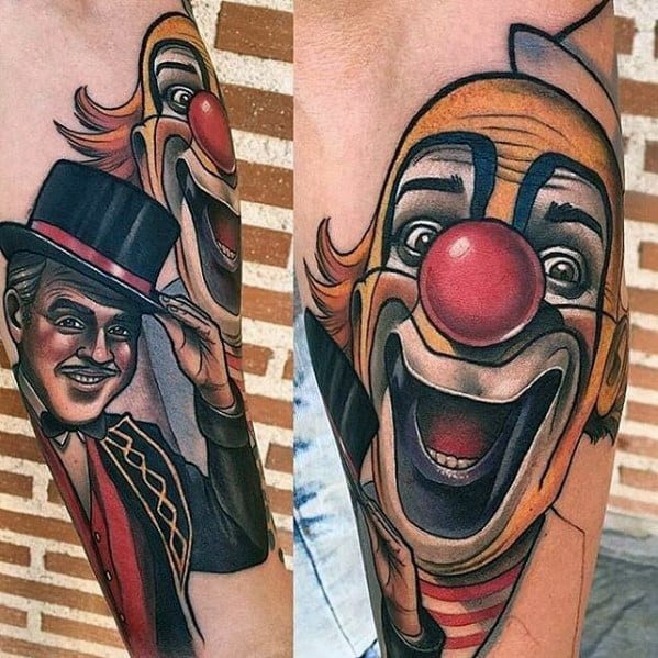 guys-circus-clowns-forearm-tattoo-design-ideas