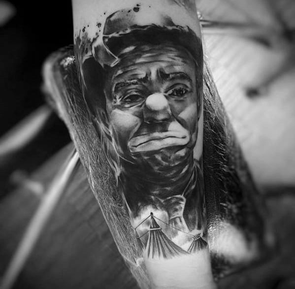 remarkable-3d-clown-portrait-circus-tattoos-for-males-on-inner-forearm
