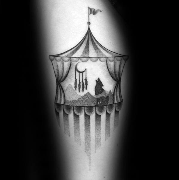 wolf-howling-with-circus-tent-thigh-tattoos-men