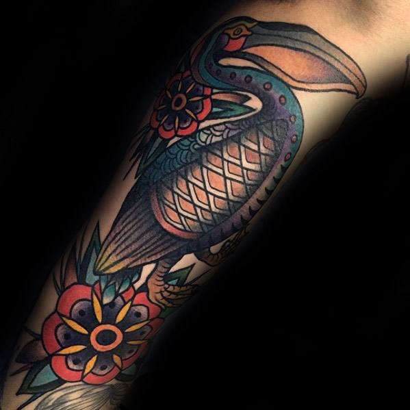 amazing-mens-pelican-forearm-traditional-tattoo-designs
