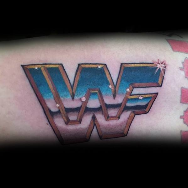 artistic-male-chrome-wwf-logo-wrestling-arm-tattoo-ideas