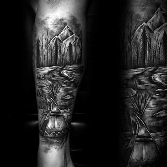 back-of-leg-artistic-male-camping-tattoo-ideas